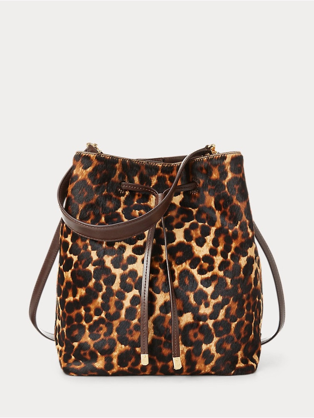 Ralph Lauren Leopard Debby Drawstring Bag Brown Black Gold Hardware